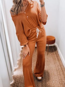 Grapefruit Orange Contrast Stitching Buttoned V Neck Half Sleeve Top and Drawstring Flare Pants Set