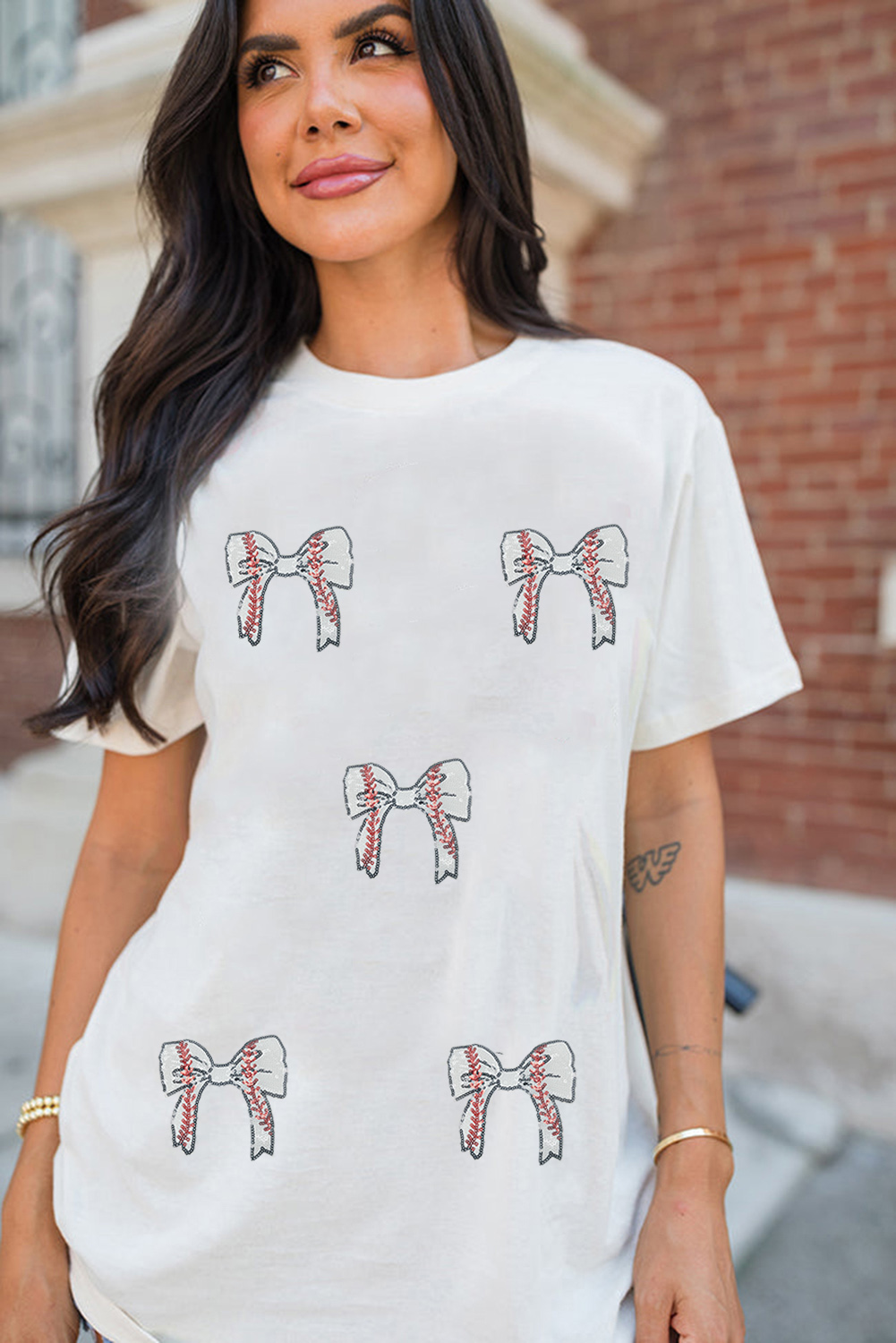 White Glitter Baseball Bow Patched Cotton Blend T Shirt - Image 4