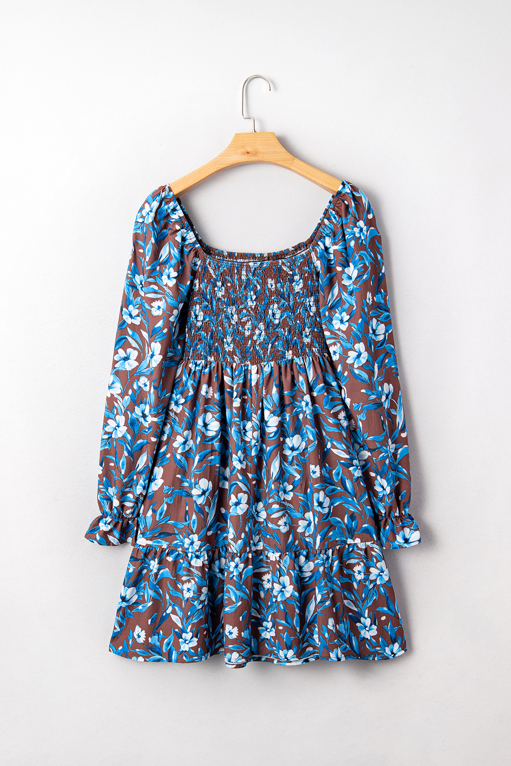 Blue Smocked Bodice High Waist Ruffled Sleeve Floral Dress - Image 8