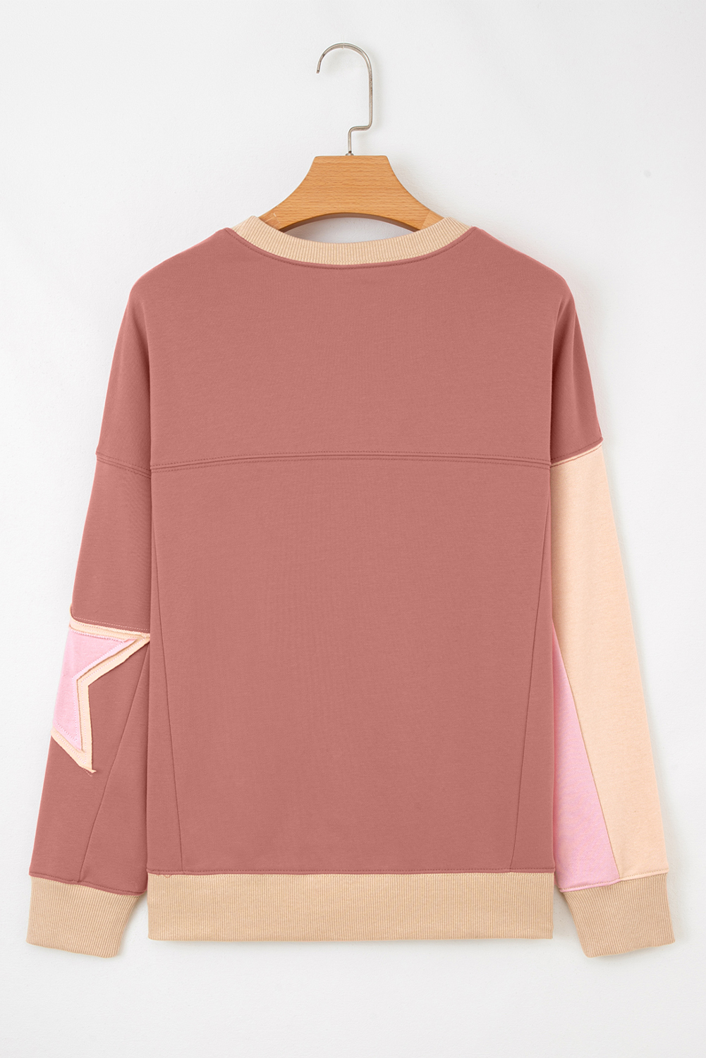 Rose Pink Contrast Star Patchwork Exposed Seam Uneven Hem Drop Shoulder Sweatshirt - Image 2