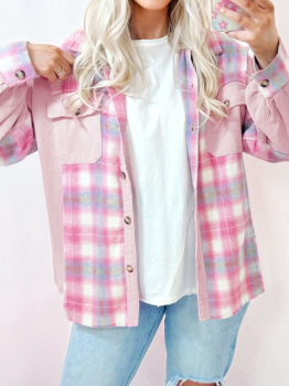 Pink Brushed Plaid Corduroy Flap Pockets Patchwork Shacket