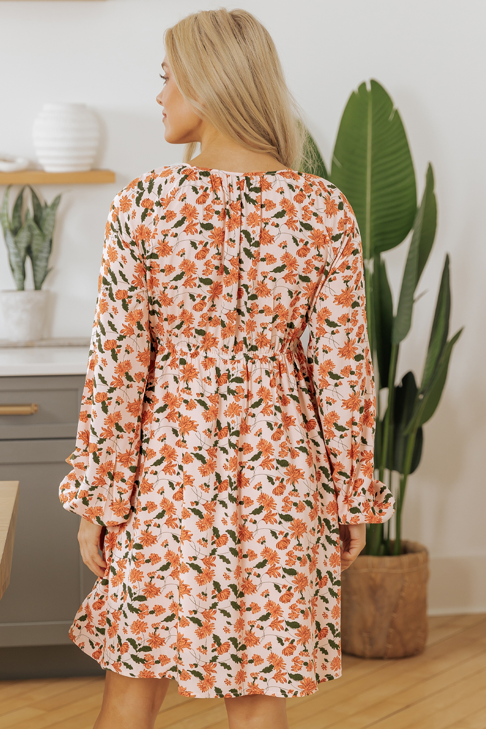 Beige Floral Deep V Neck Smocked Bust Bubble Sleeve Babydoll Dress - Image 2