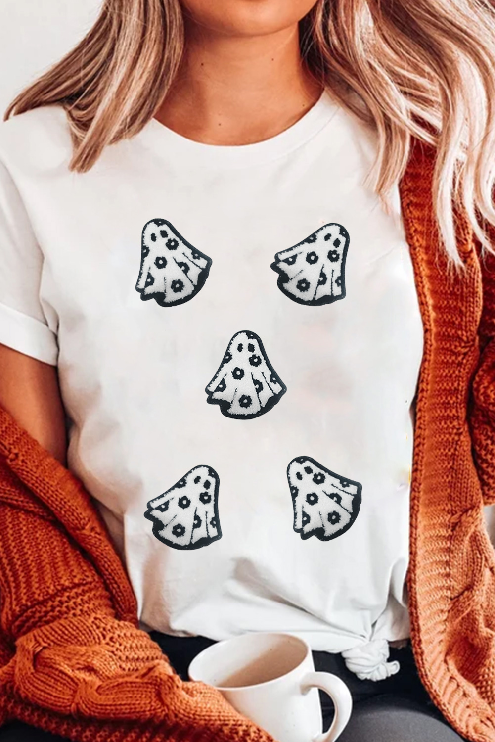 White Playful Ghost Patched Cotton Blend T Shirt - Image 2