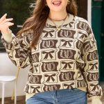 Brown Bow Horseshoe Print Checkered Plus Size Sweater