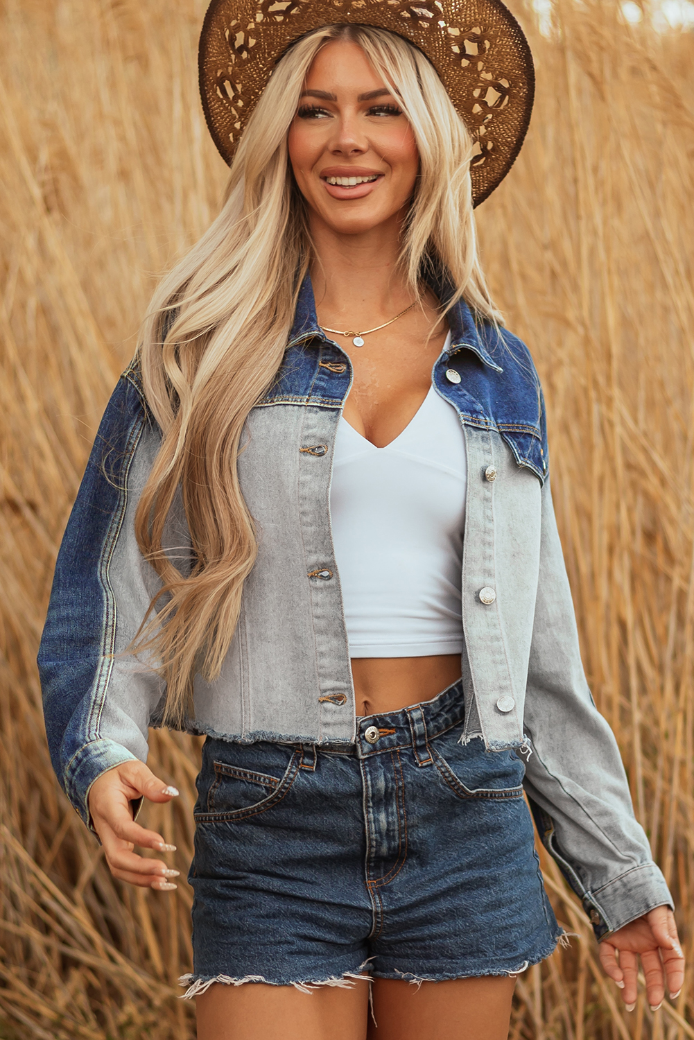 Dusk Blue Color Block Patchwork Flap Detail Distress Denim Jacket - Image 5