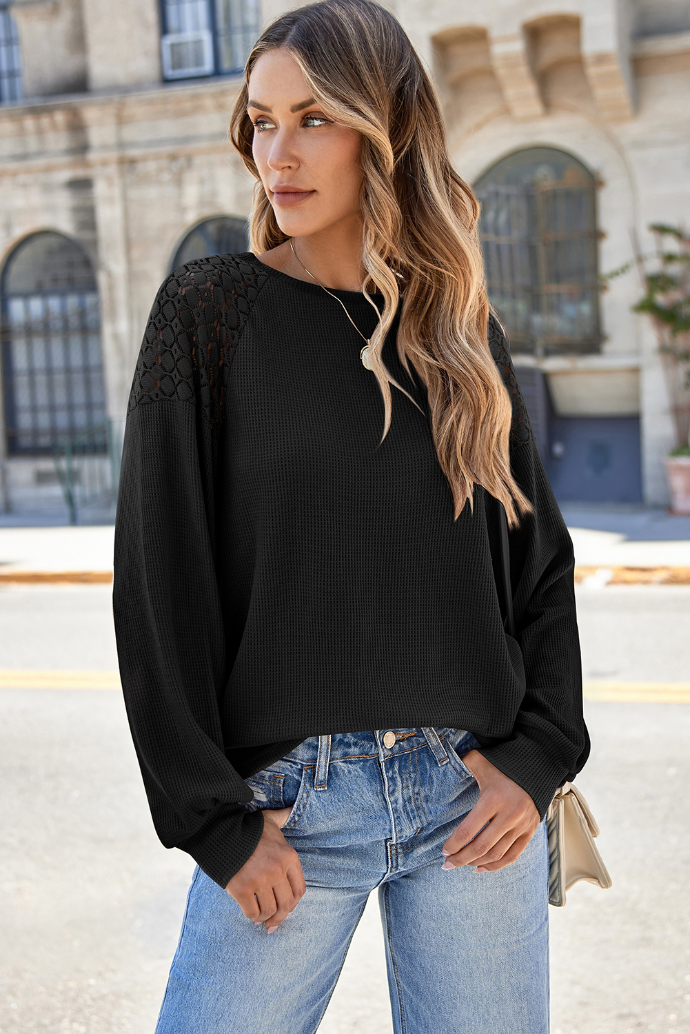 Black Lace Long Sleeve Textured Pullover - Image 6