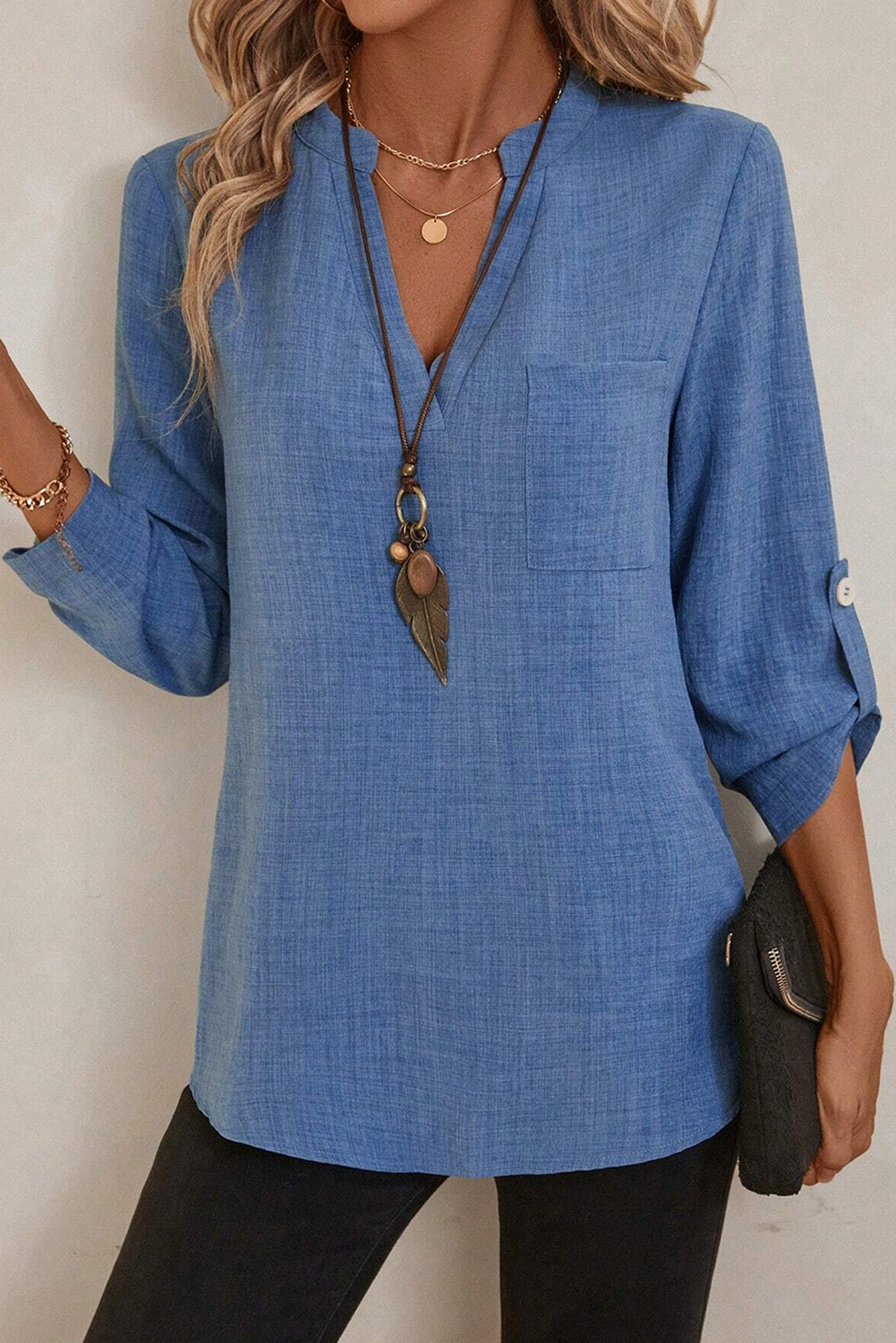 Ashleigh Blue Solid Color Notched V Neck Roll up 3/4 Sleeve Blouse - Image 3