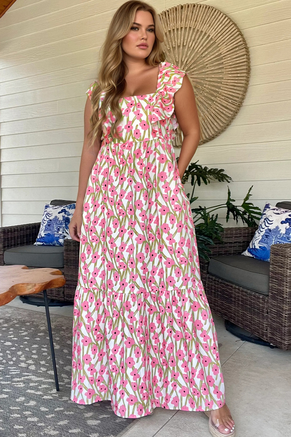 Pink Plus Size Ruffle Trim Square Neck High Waist Floral Maxi Dress - Image 3