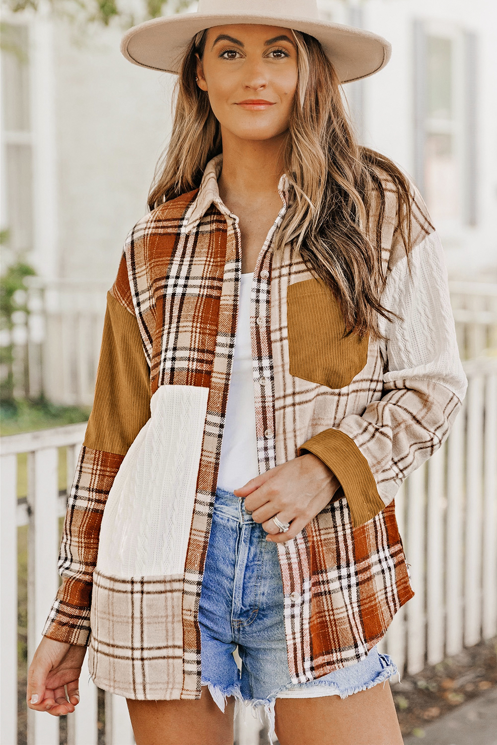 Orange Plaid Color Block Patchwork Shirt Jacket with Pocket - Image 6