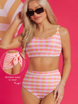 Pink 3pcs Gingham High Waist Bikini & Sarong