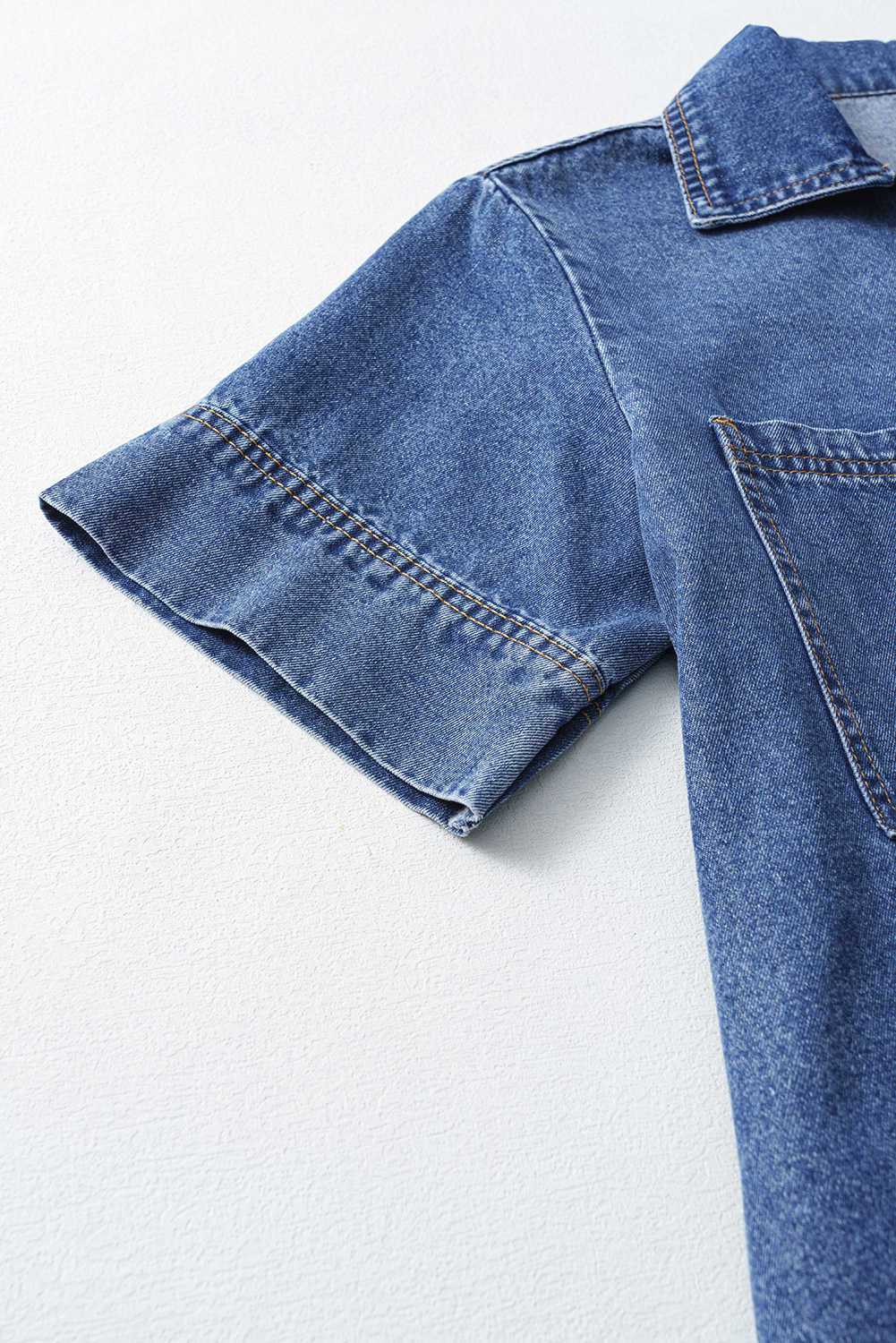 Blue Short Sleeve Collared Patched Pocket Denim Mini Dress - Image 7