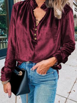 Burgundy Frilled Neck Buttoned Front Velvet Top