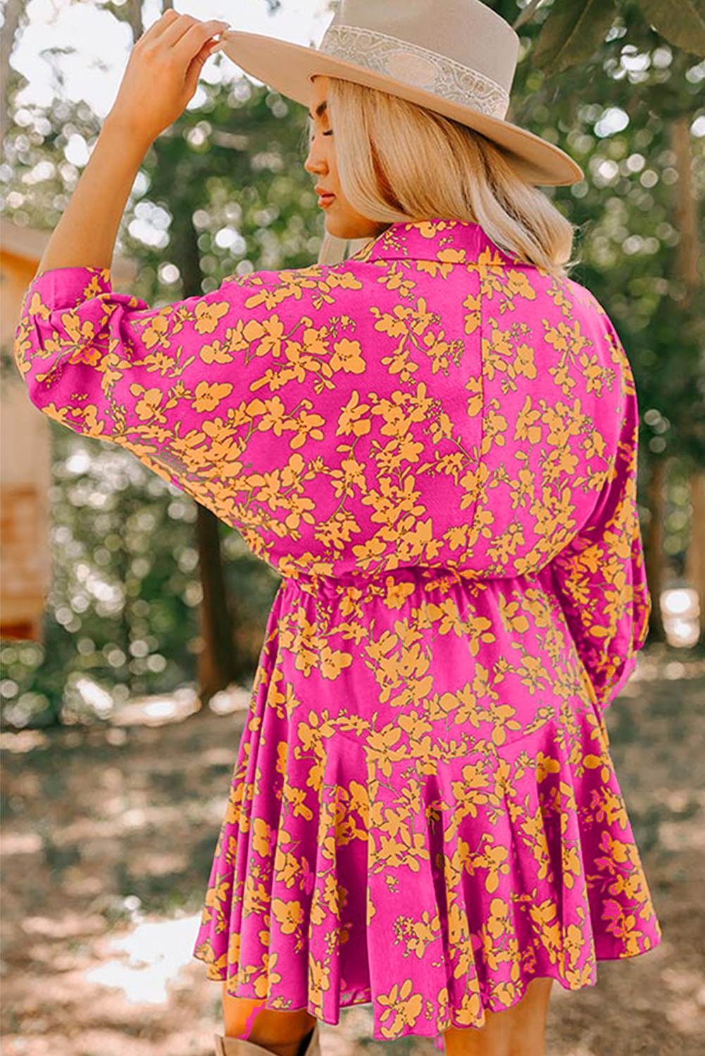 Pink Floral Print Drawstring Tunic Flowy Short Dress - Image 2