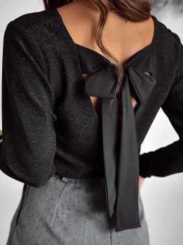 Black Metallic Bowknot Open Back V Neck Top