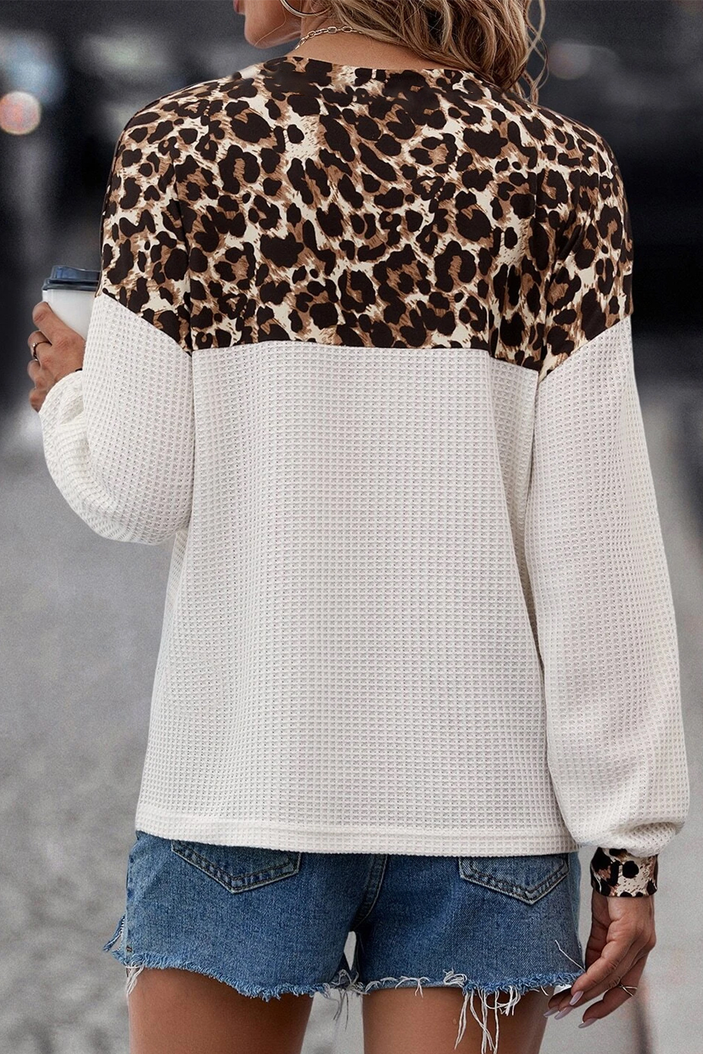 White Leopard Waffle Knit Patchwork Button V Neck Top - Image 2