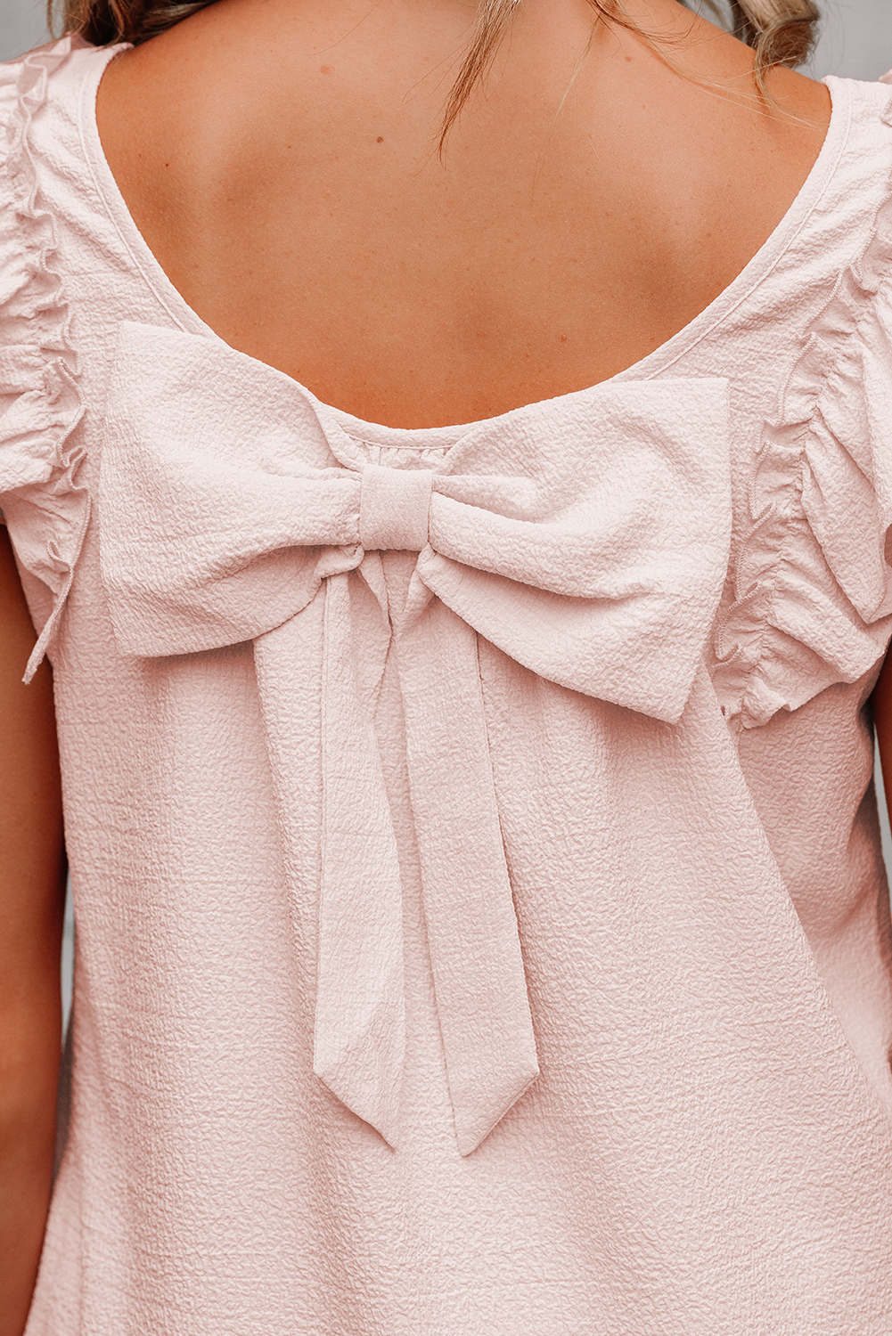 Light Pink Textured Flutter Sleeve Square Neck Bow Back Mini Dress - Image 8