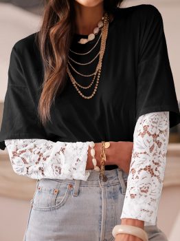 Black Lace Long Sleeve Insert Drop Shoulder Tee