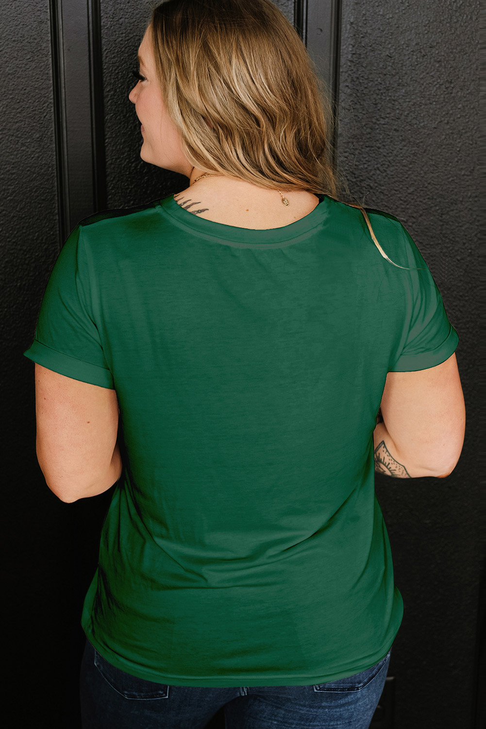 Dark Green Round Neck Rolled Sleeve Plus Size T-shirt - Image 2