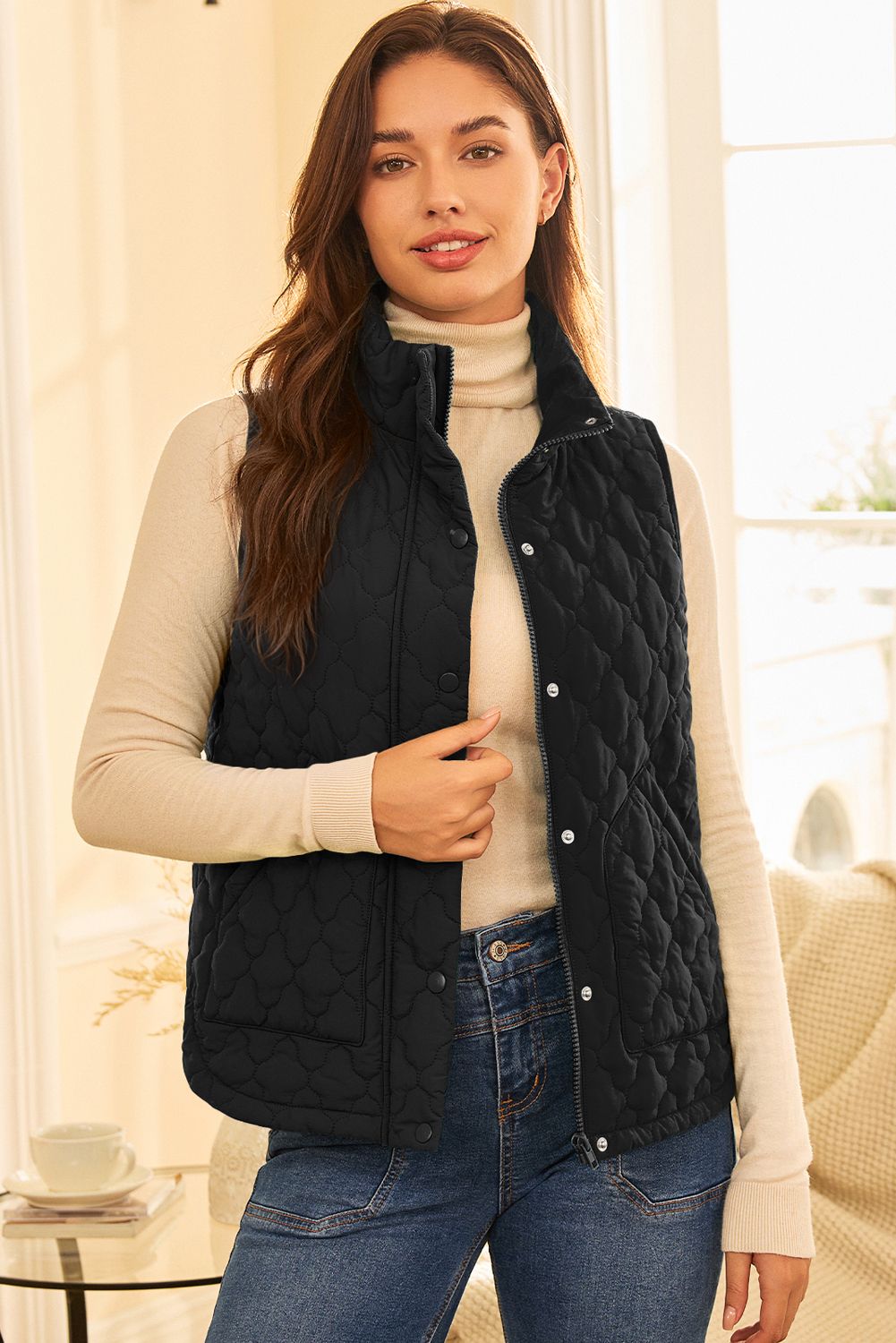 Black Flower Shape Quilted Snap Button Zip Up Winter Vest - Image 5