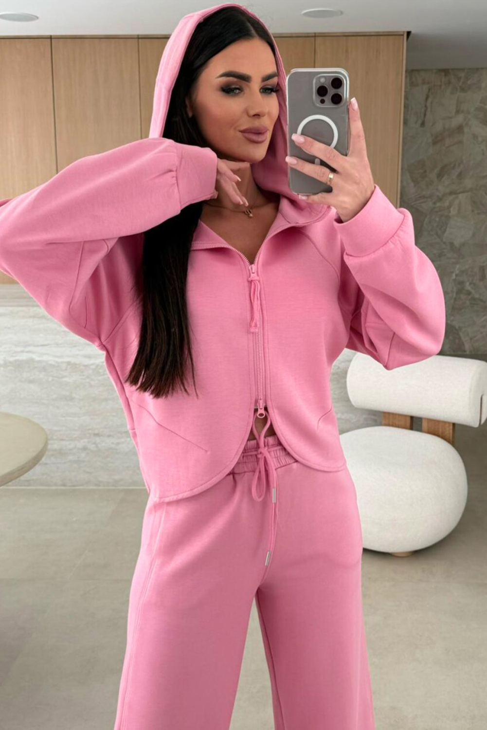 Pink Solid Color Zip Up Hoodie Drawstring Loose Pants Set - Image 3
