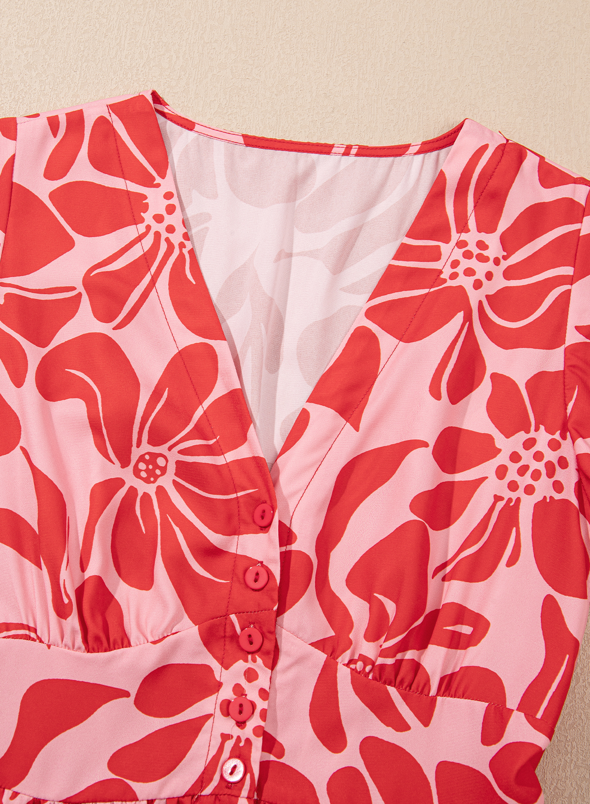 Red Boho Floral Short Sleeve V Neck Buttoned Shirred Waist Long Dress - Image 7