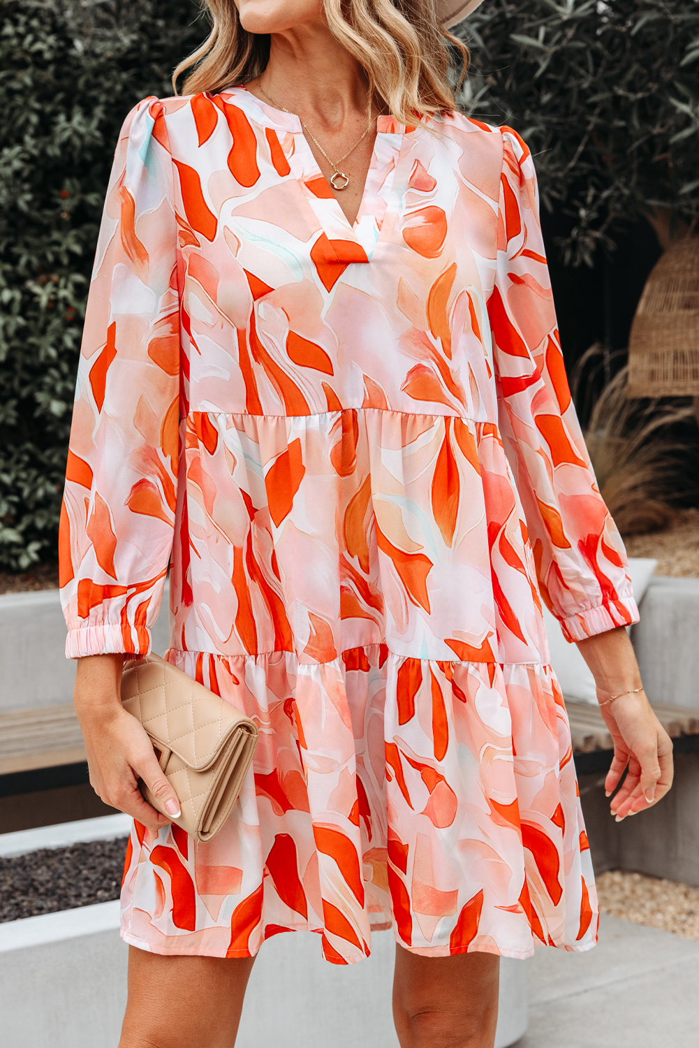 Orange Abstract Print Split Neck Long Sleeve Dress - Image 8
