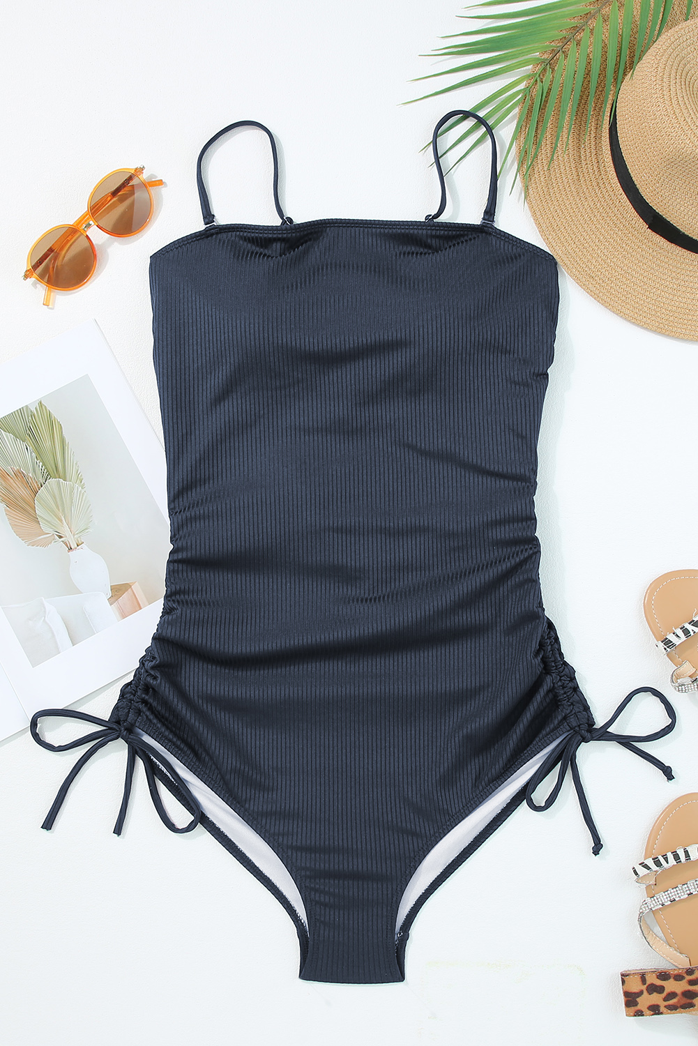 Navy Blue Ribbed Drawstring Sides Cutout One Piece Swimsuit - Image 4