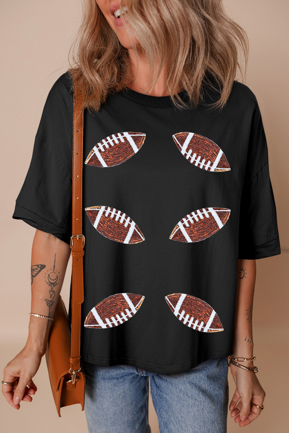 Black Sequin Rugby Football Patched Crewneck Loose T Shirt - Image 4