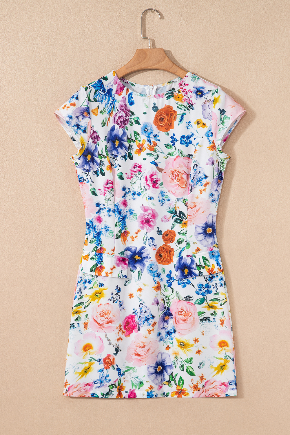 Sky Blue Vibrant Floral Print Cap Sleeve Mini Dress - Image 4