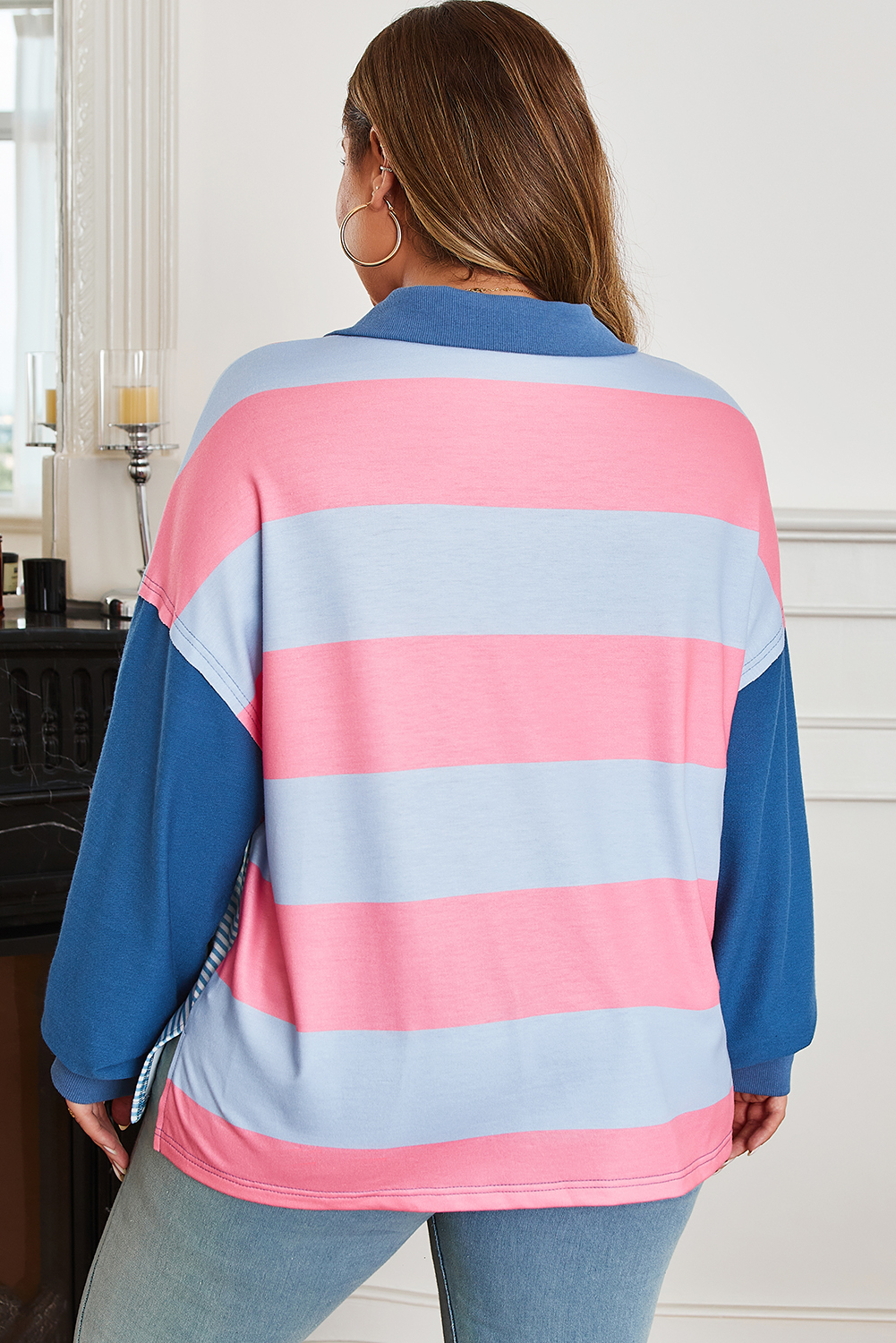 Blue Stripe Colorblock Patchwork Zip up Plus Size Pullover - Image 2