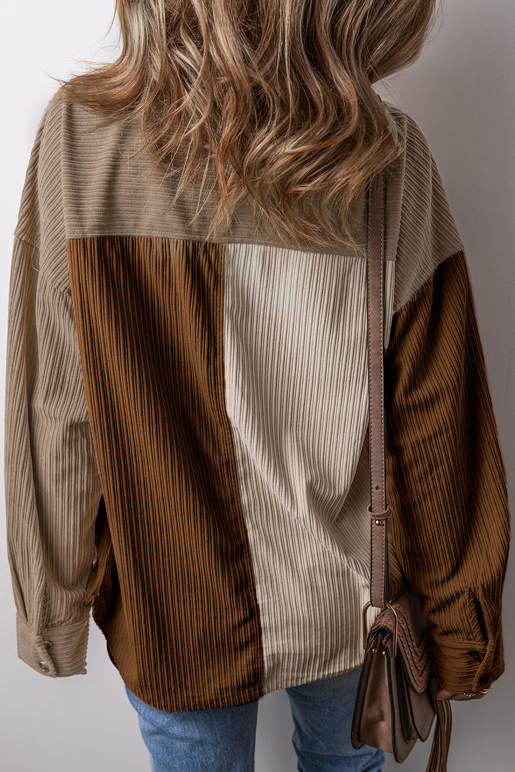 Brown Color Block Chest Pockets Buttoned Corduroy Shacket - Image 2