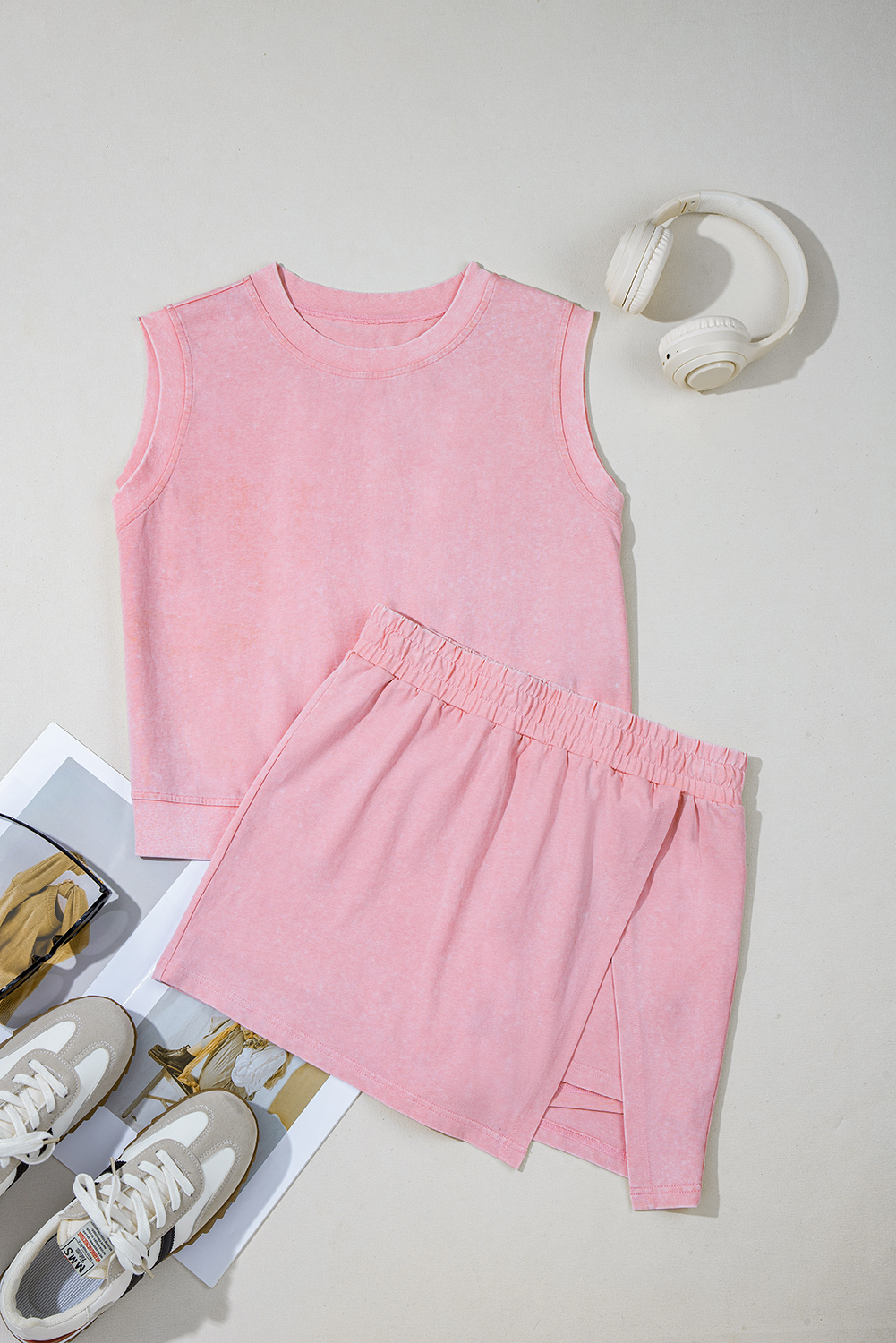 Light Pink 2 Pieces Mineral Wash Cotton Tank Top Lined Split Skirt Set - Image 8