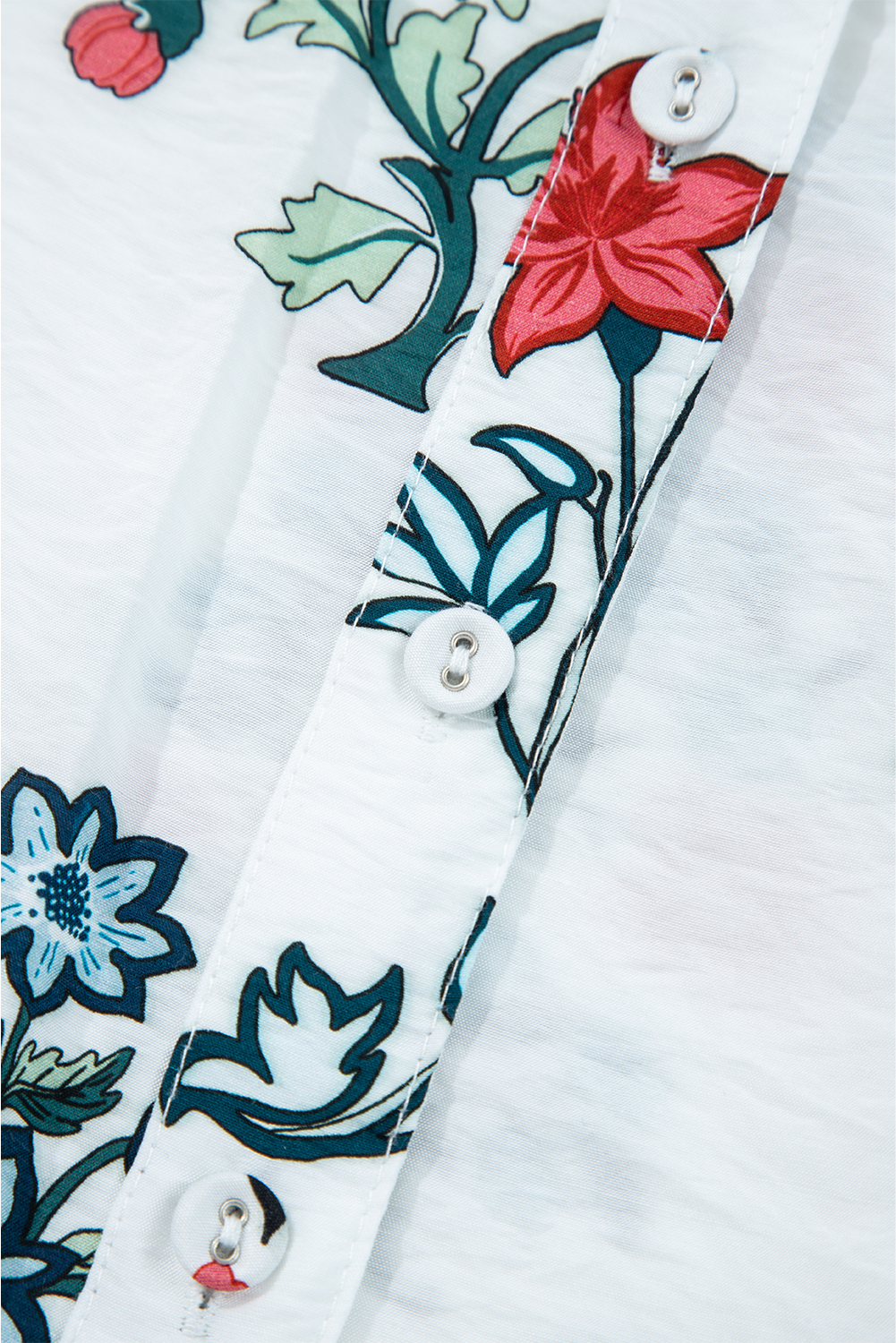 White Floral Print Frilled Collar V Neck Button Down Long Sleeve Shirt - Image 8