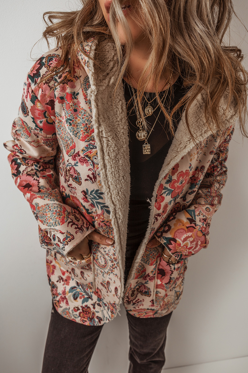 Beige Vintage Paisley Floral Printed Sherpa Lined Hooded Jacket - Image 3