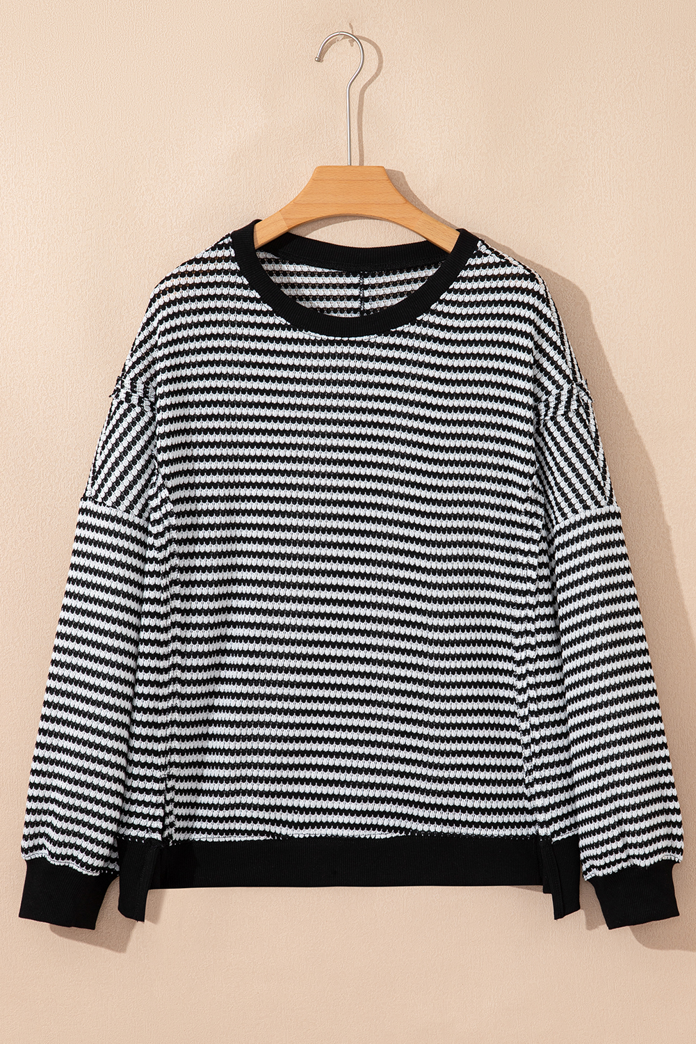 Black Stripe Ribbed Trim Drop Shoulder Long Sleeve Oversize Top - Image 3