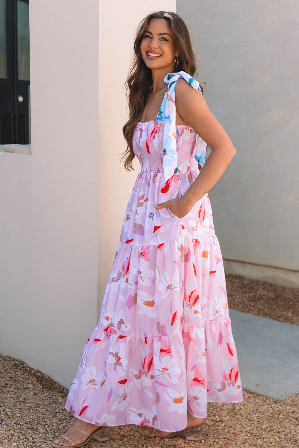 Pink Floral Print Knotted Shoulder Smocked Maxi Dress - Image 3