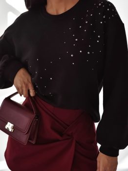 Black Rhinestone Embellished Drop Shoulder Ribbed Cuffs Wholesale Sweatshirt