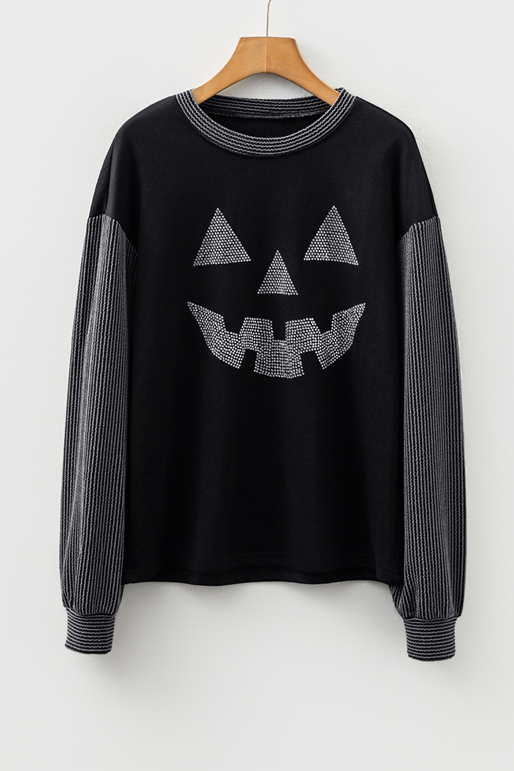 Black Halloween Rhinestone Pumpkin Face Contrast Ribbed Long Sleeve Patchwork Top - Image 3