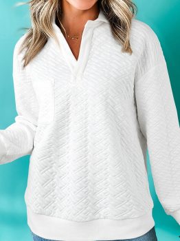 White Textured Pocketed Collared V Neck Pullover Sweatshirt