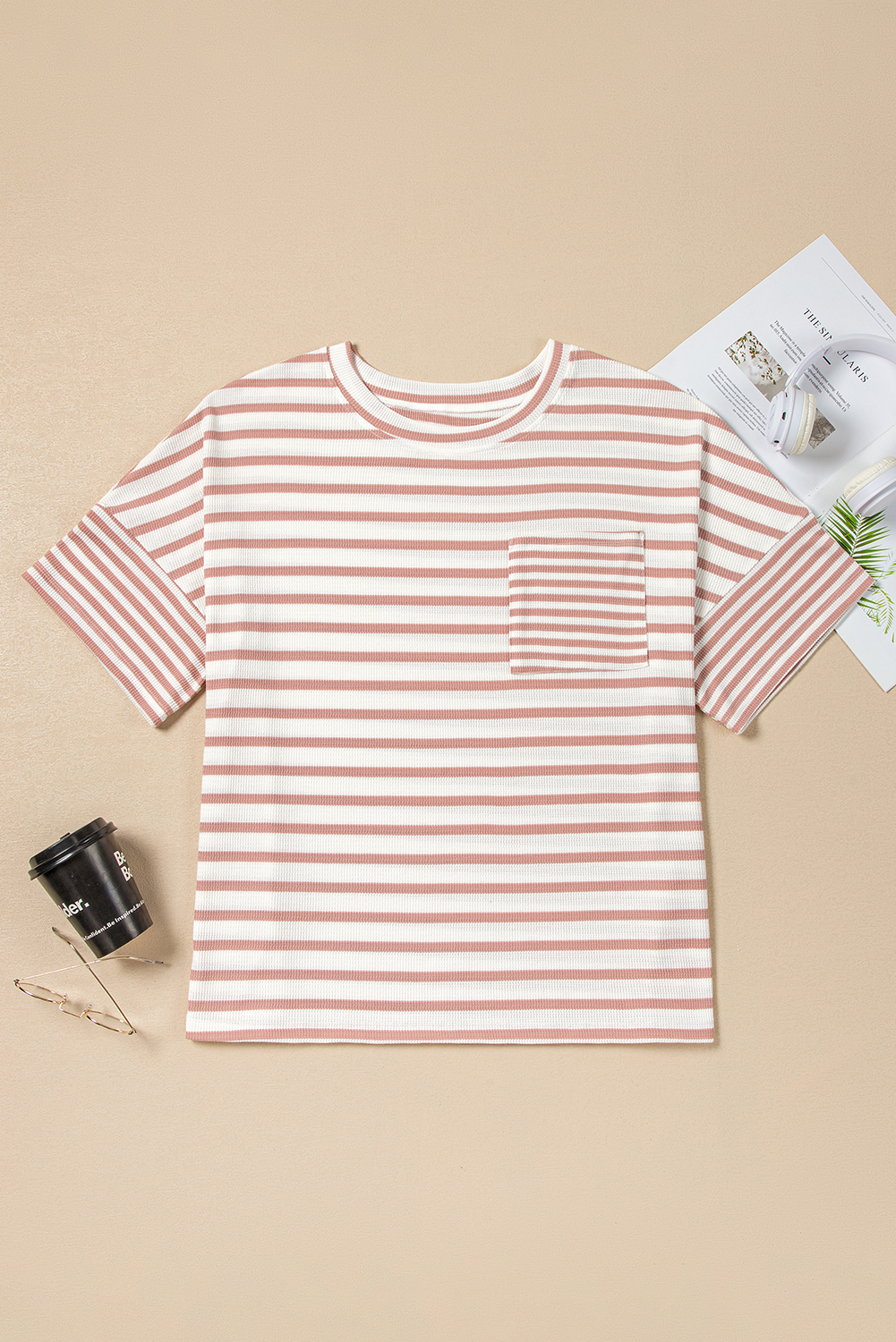 Pink Stripe Waffle Knit Pocketed Half Sleeve Plus Size T Shirt - Image 8