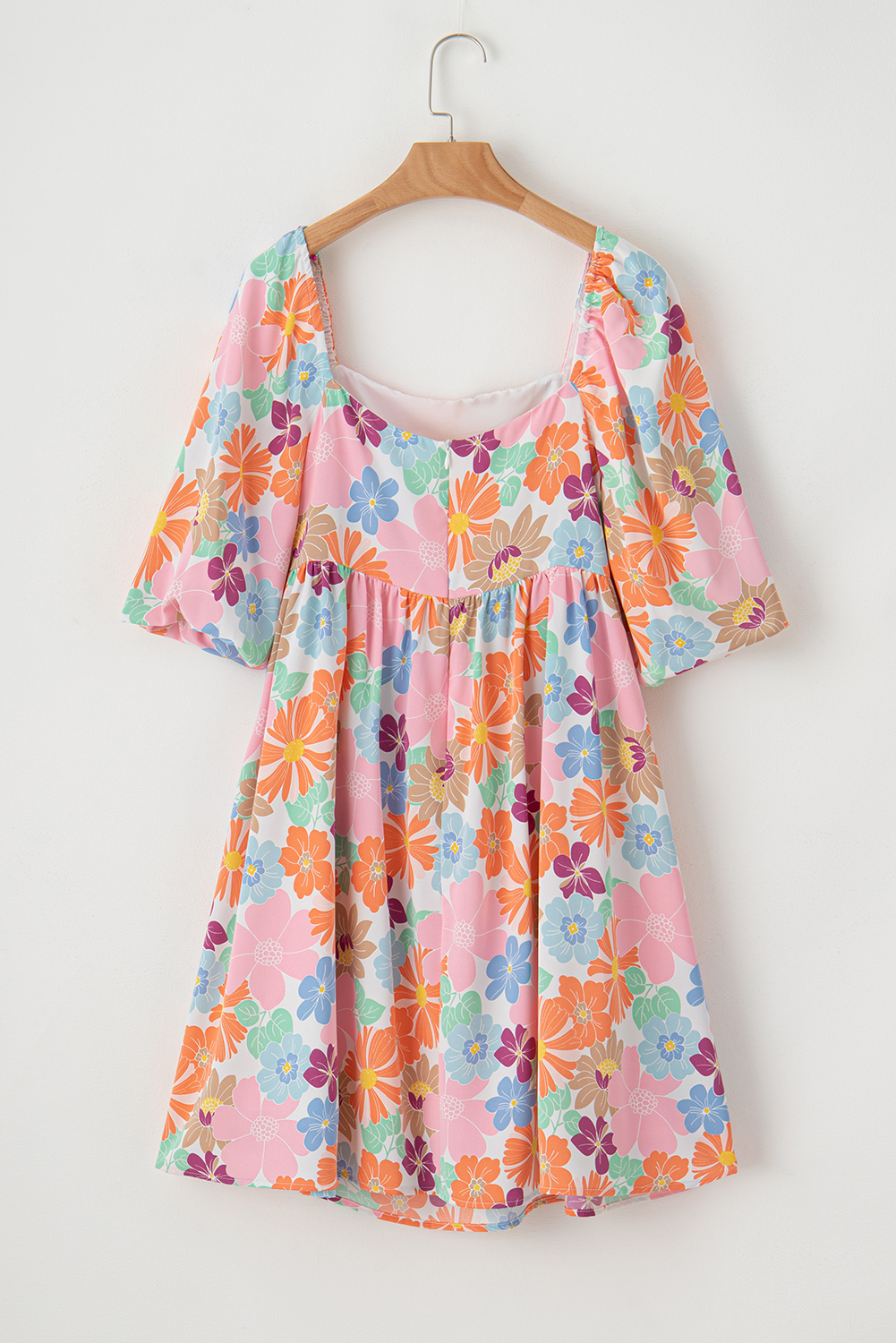 Pink Summer Floral Square Neck Puff Sleeve Babydoll Dress - Image 7