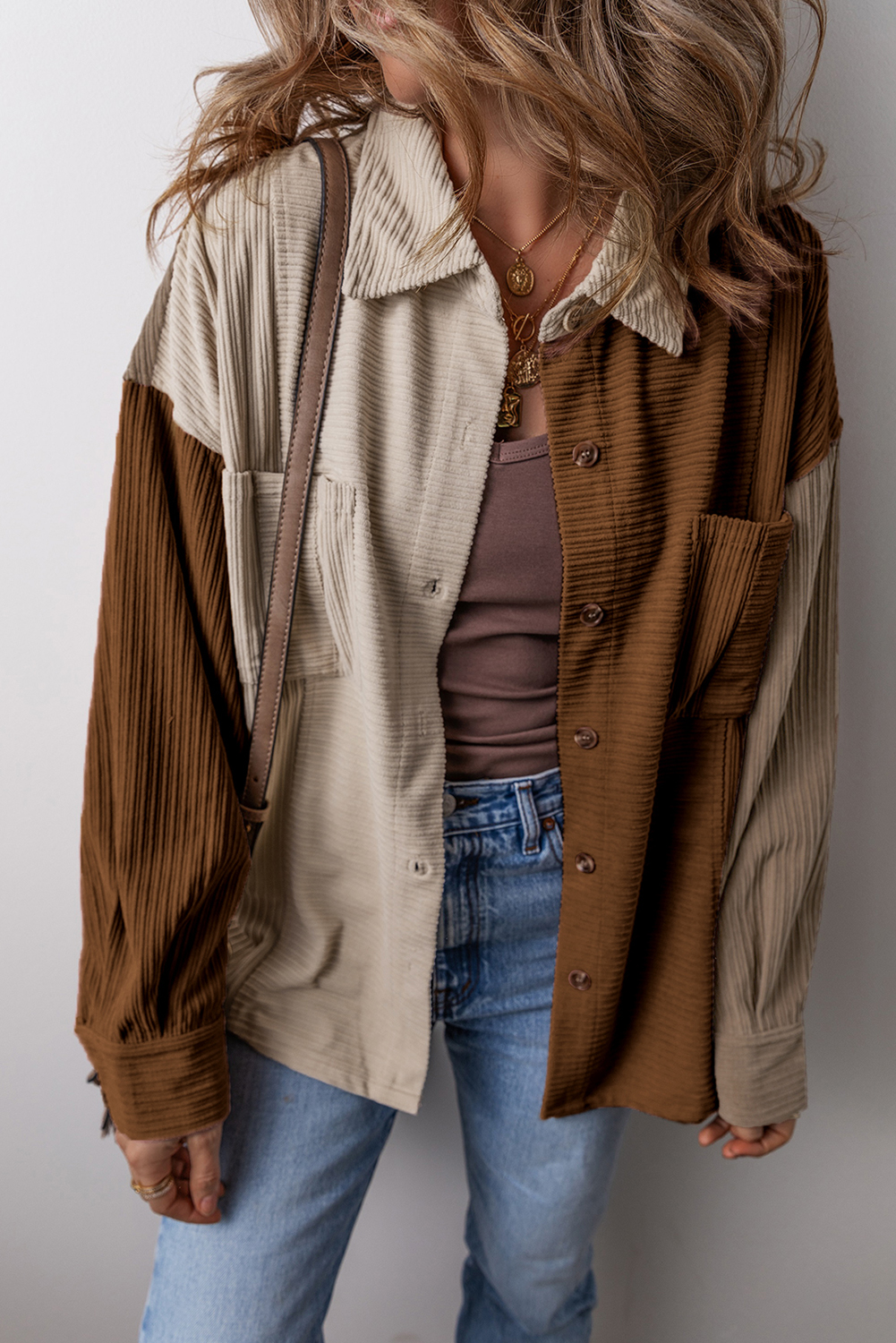 Brown Color Block Chest Pockets Buttoned Corduroy Shacket - Image 3
