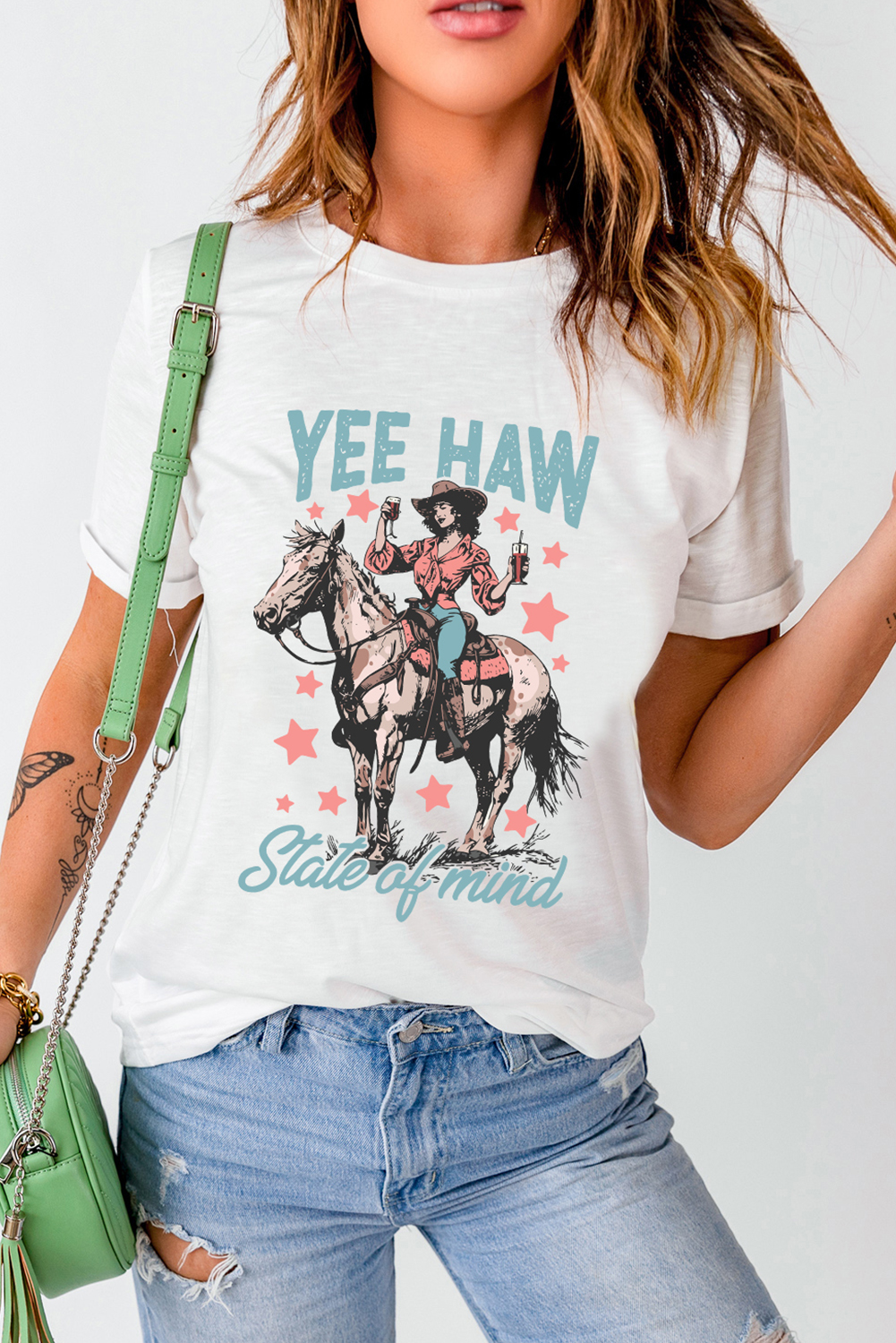 White YEE HAW State of mind Cowgirl Graphic Western Fashion Tee - Image 6