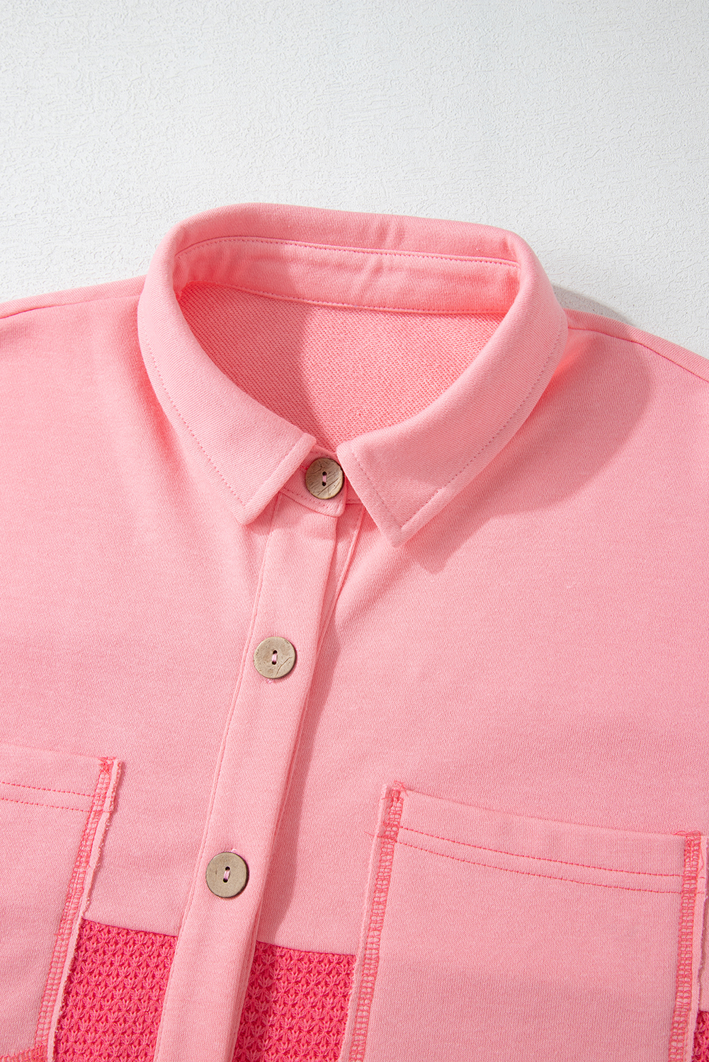 Peach Blossom Two Tone Contrast Waffle Knit Buttoned Loose Shacket - Image 6