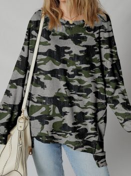 Green Retro Camouflage Print Exposed Seam Patchwork Drop Shoulder Sweatshirt