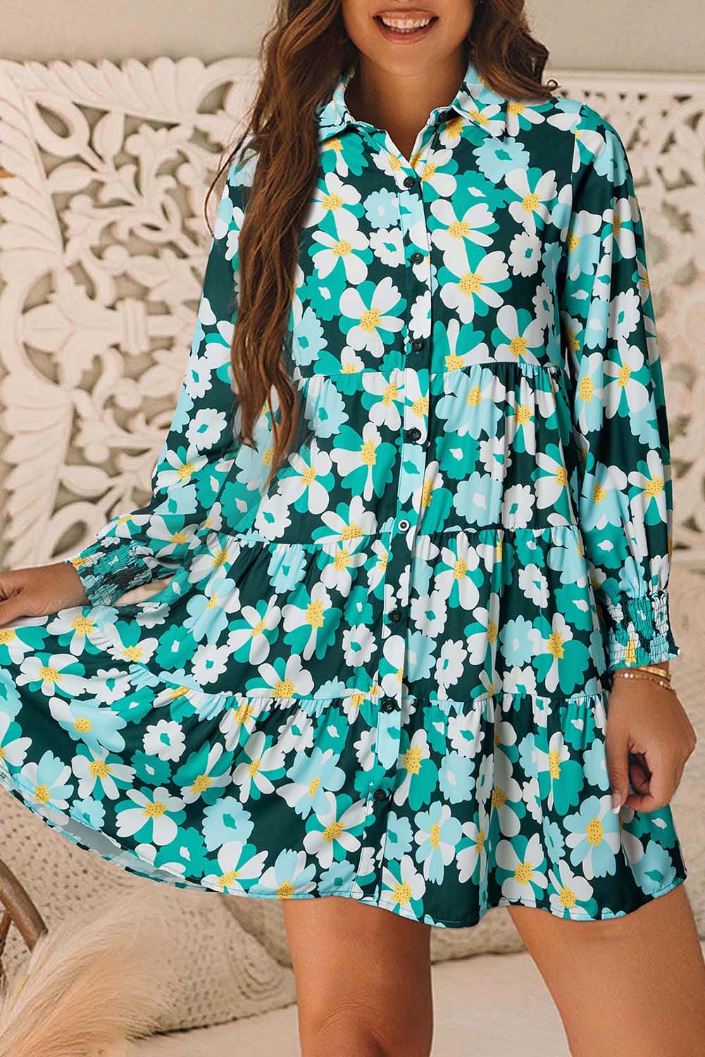 Green Floral Tiered Long Puff Sleeve Shirt Dress - Image 5