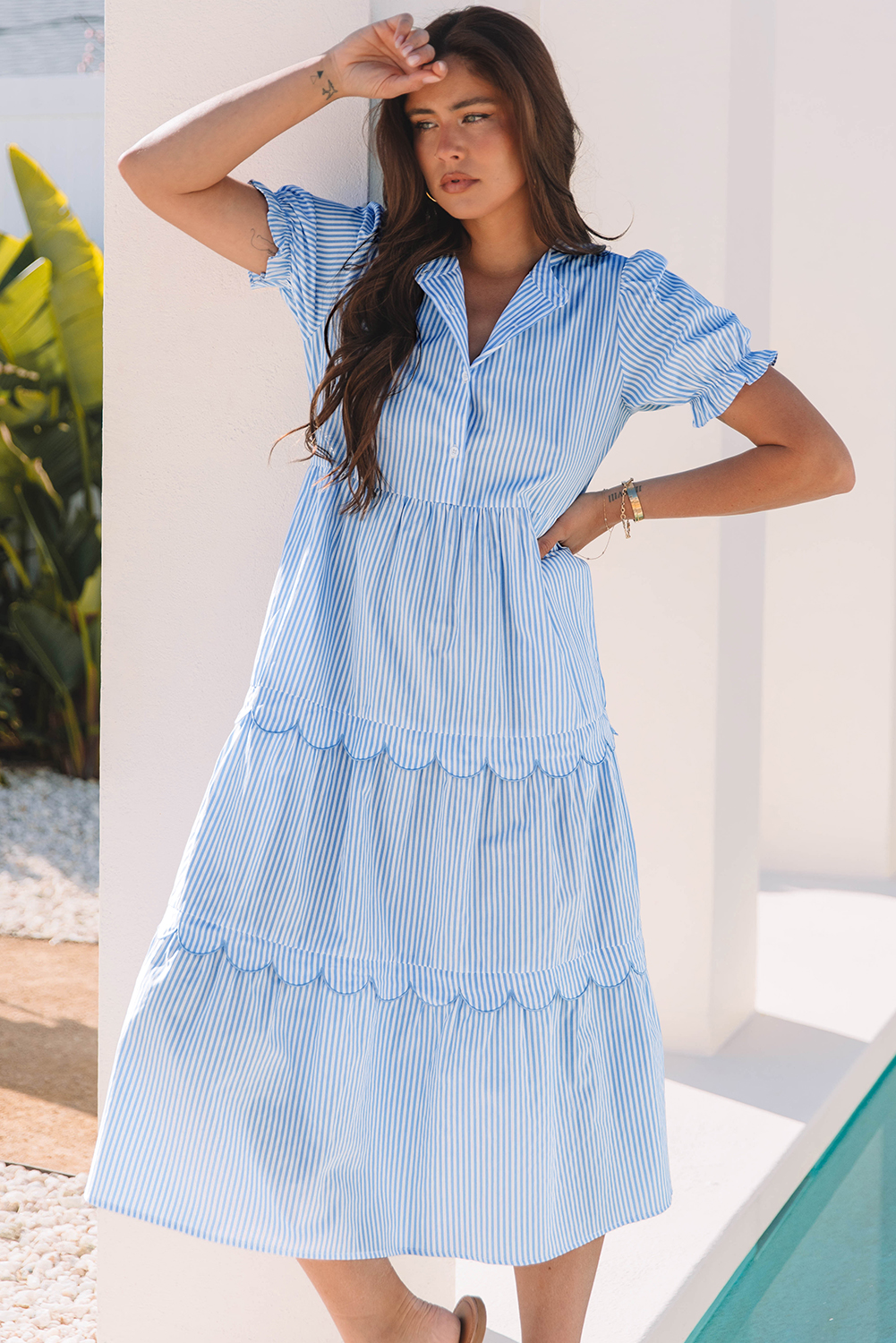 Sky Blue Stripe Bubble Short Sleeve Tiered Scallop Long Dress - Image 6