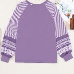 Tillandsia Purple Contrast Print Striped Raglan Long Sleeve Loose Top