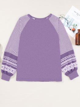 Tillandsia Purple Contrast Print Striped Raglan Long Sleeve Loose Top