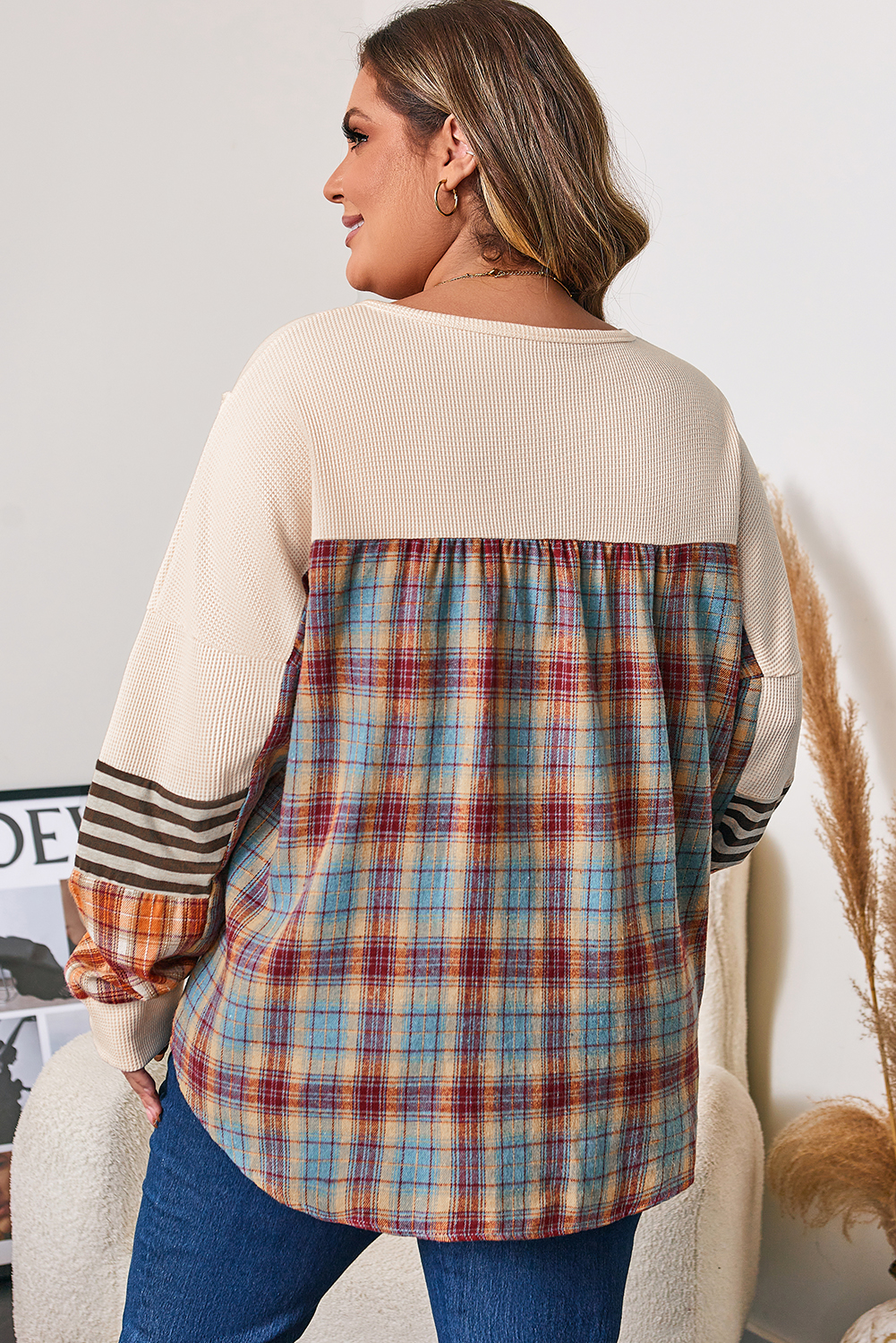 Parchment Plus Size Waffle Colorblock Striped Plaid Patchwork Half Button Pullover - Image 2